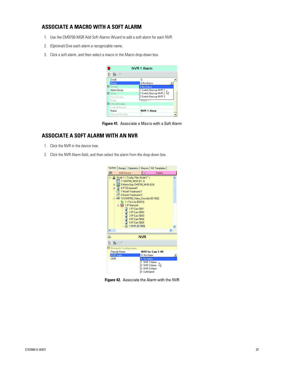 Pelco C1570M-E (4/07) manual Associate a Macro with a Soft Alarm, Associate a Soft Alarm with AN NVR 