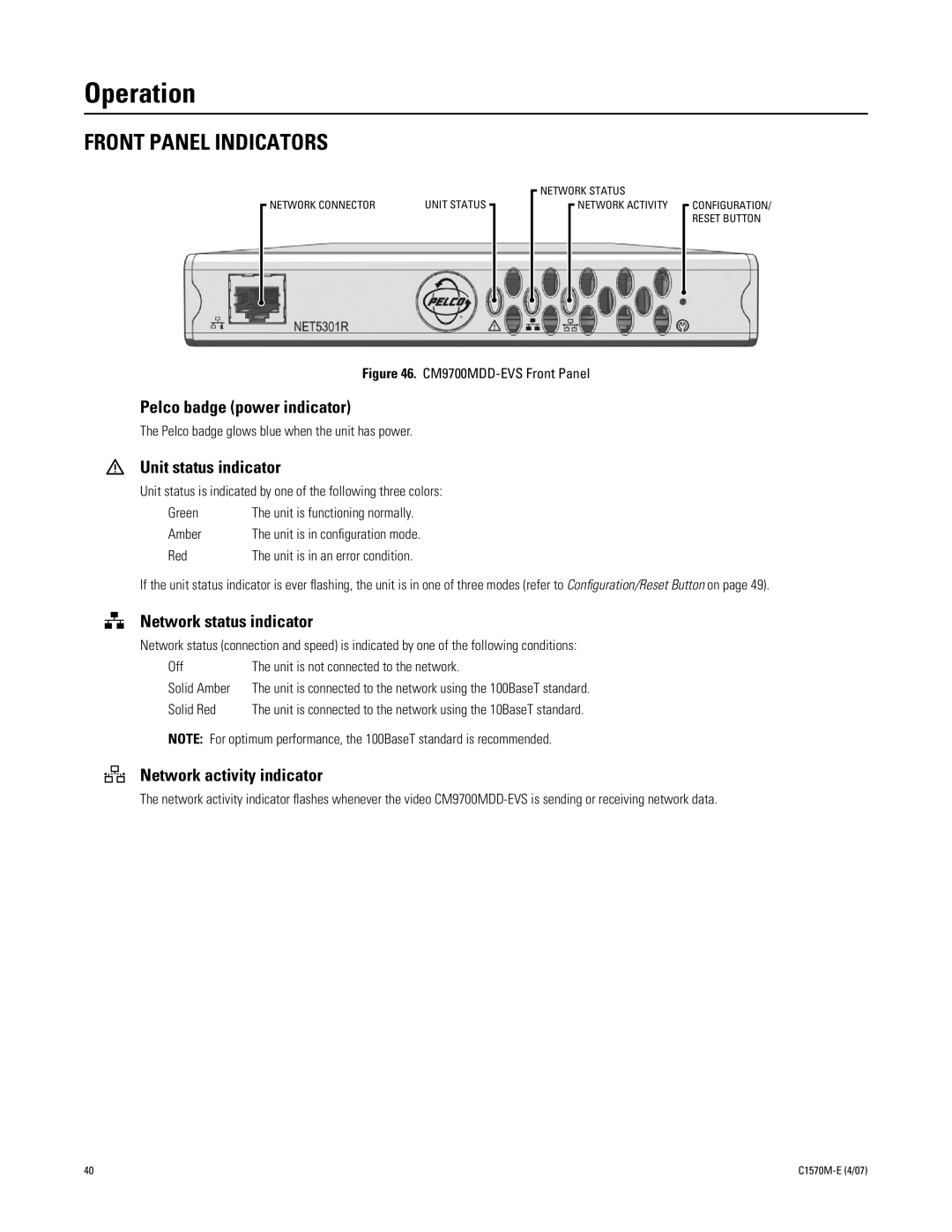 Pelco C1570M-E (4/07) manual Operation, Front Panel Indicators 