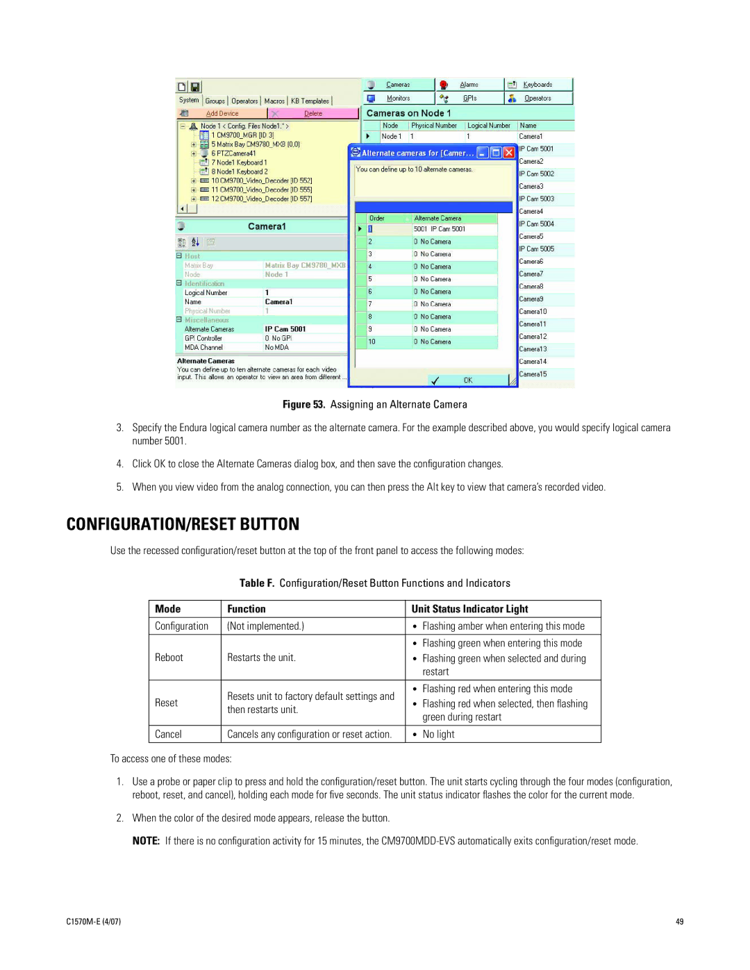 Pelco C1570M-E (4/07) manual CONFIGURATION/RESET Button, Mode Function Unit Status Indicator Light 