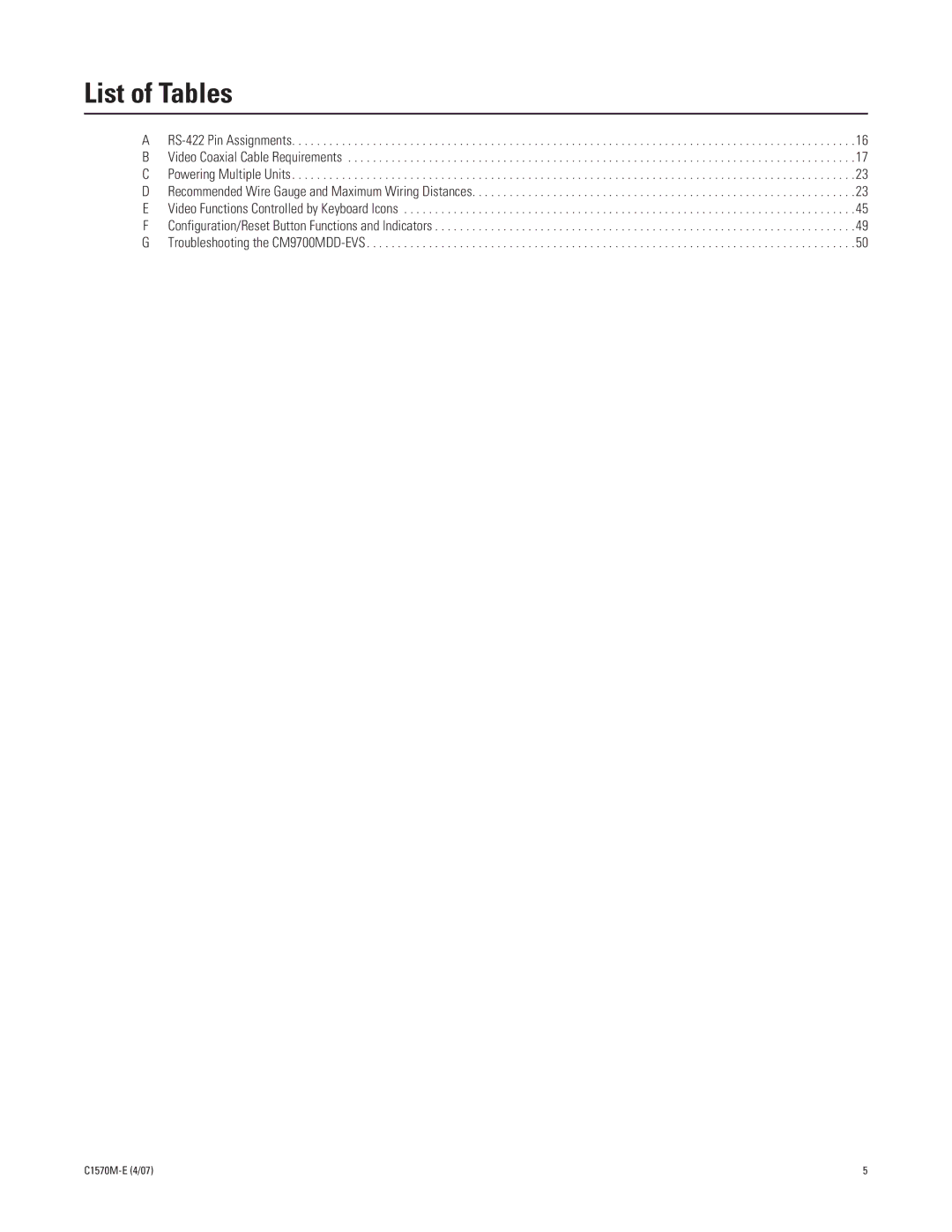 Pelco C1570M-E (4/07) manual List of Tables 