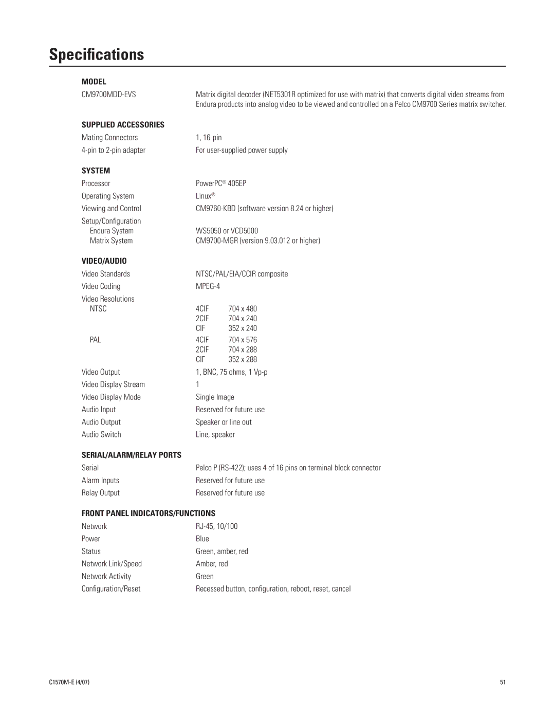 Pelco C1570M-E (4/07) manual Speciﬁcations, Model 