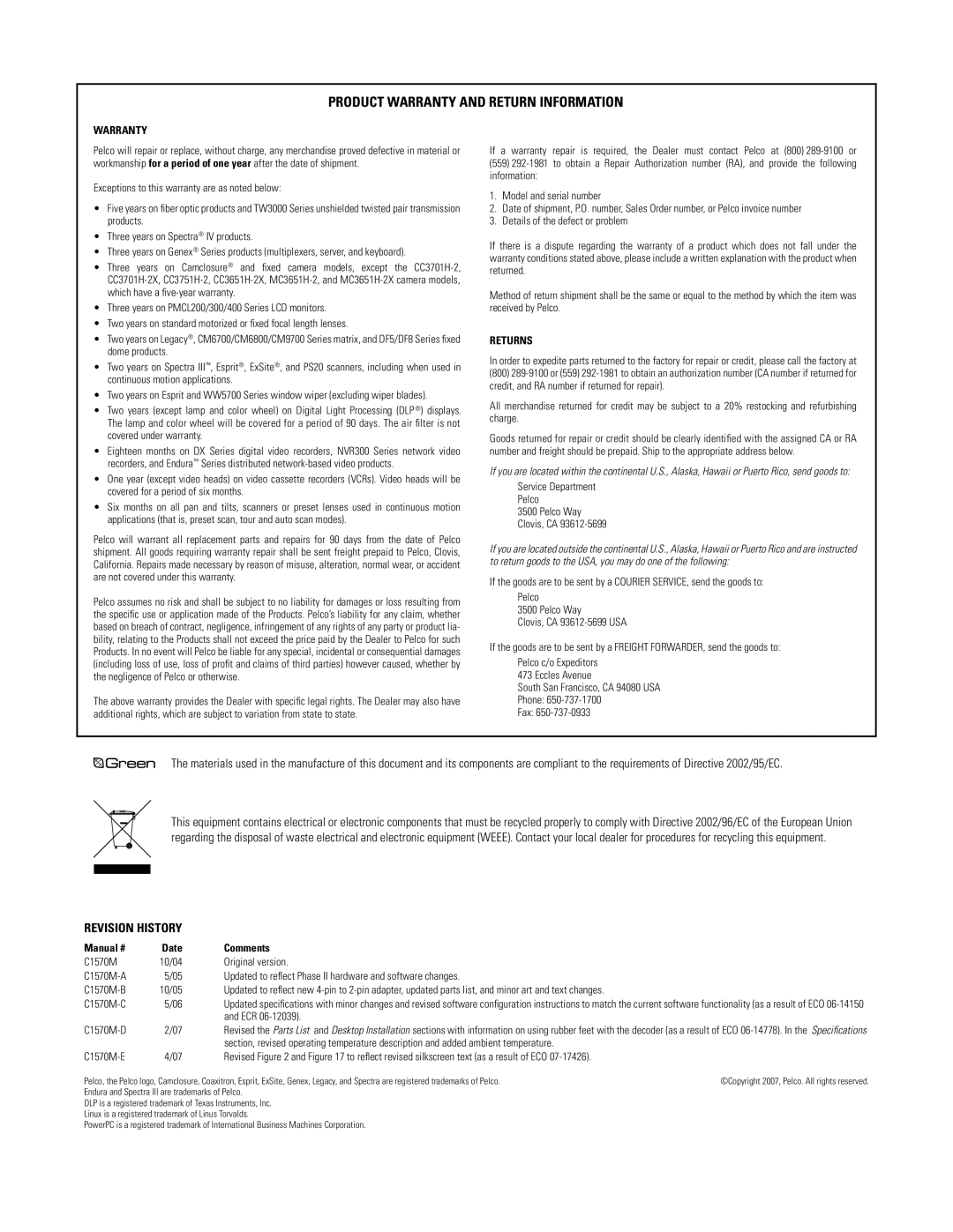 Pelco C1570M-E (4/07) manual Product Warranty and Return Information 