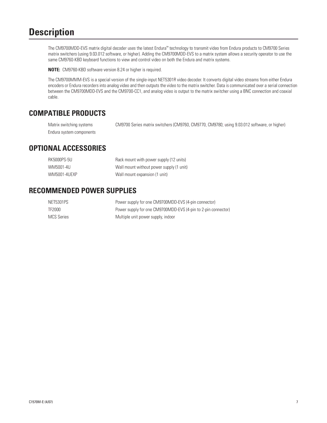 Pelco C1570M-E (4/07) manual Description, Compatible Products, Optional Accessories, Recommended Power Supplies 