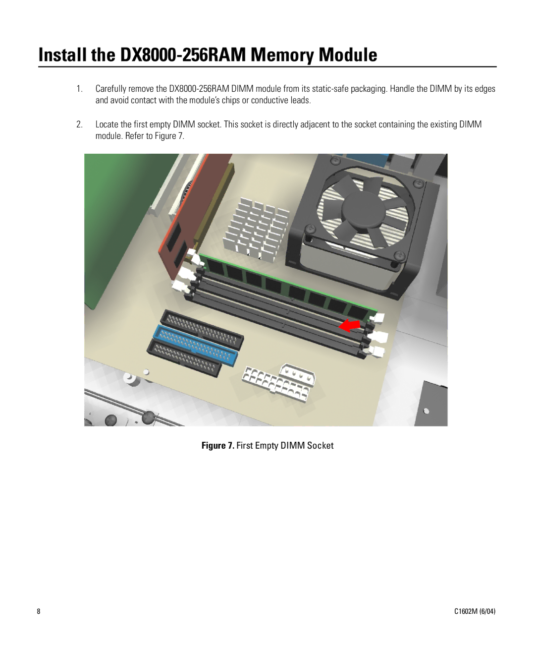 Pelco C1602M installation manual Install the DX8000-256RAM Memory Module, First Empty Dimm Socket 