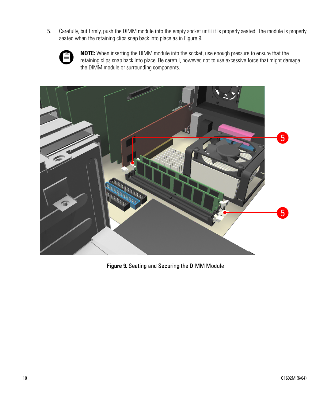 Pelco C1602M installation manual Seating and Securing the Dimm Module 