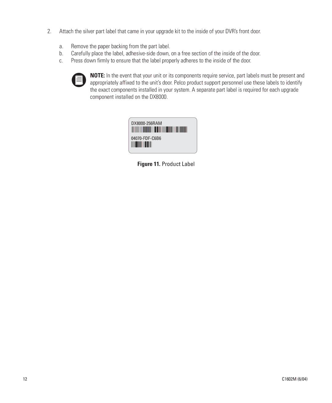 Pelco C1602M installation manual Product Label 