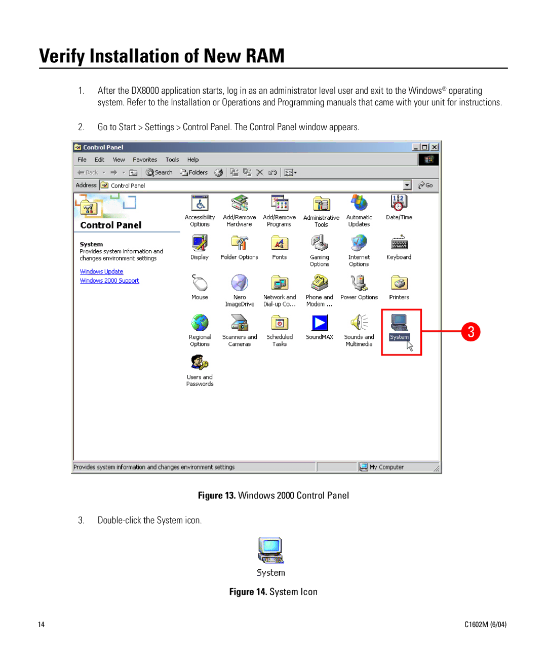 Pelco C1602M installation manual Verify Installation of New RAM, Windows 2000 Control Panel Double-click the System icon 