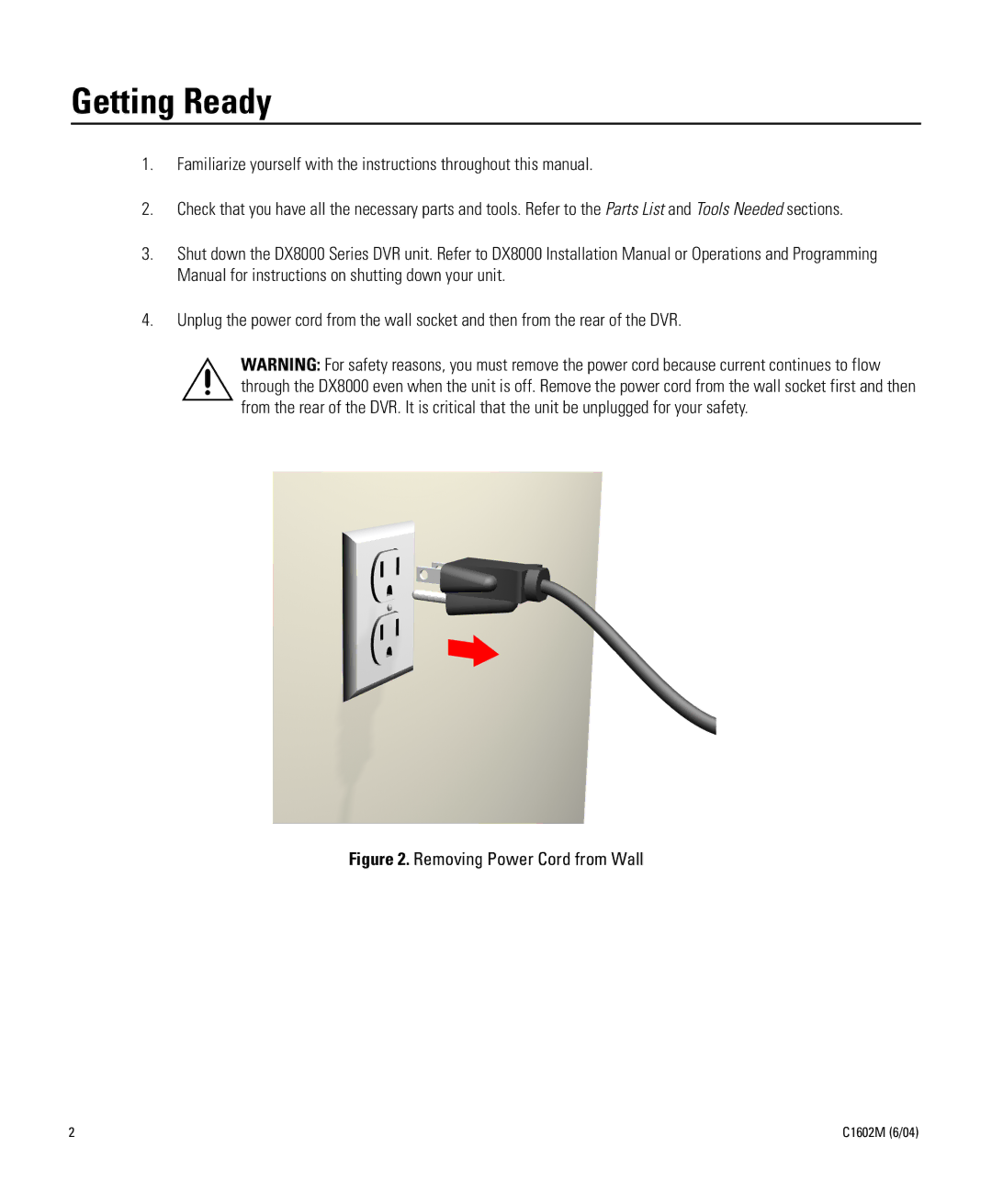 Pelco C1602M installation manual Getting Ready, Removing Power Cord from Wall 