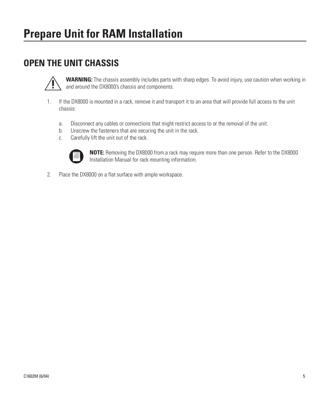 Pelco C1602M installation manual Prepare Unit for RAM Installation, Open the Unit Chassis 