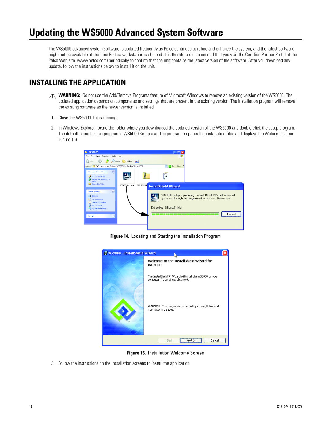 Pelco C1619M-I manual Updating the WS5000 Advanced System Software, Installing the Application 