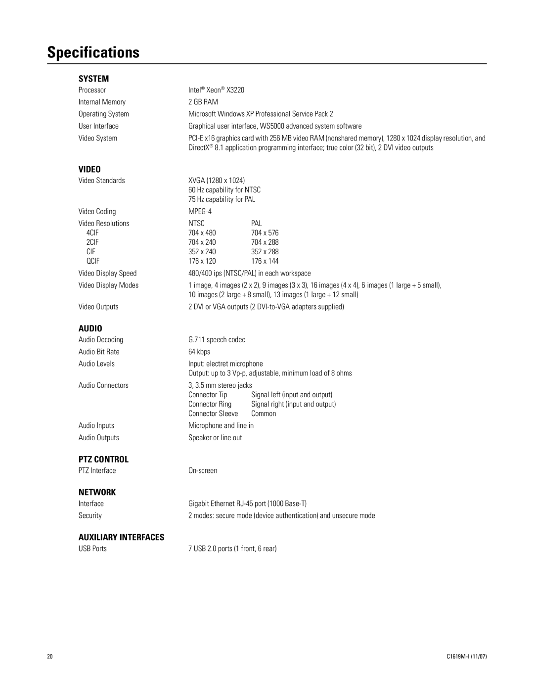 Pelco C1619M-I manual Specifications, System 