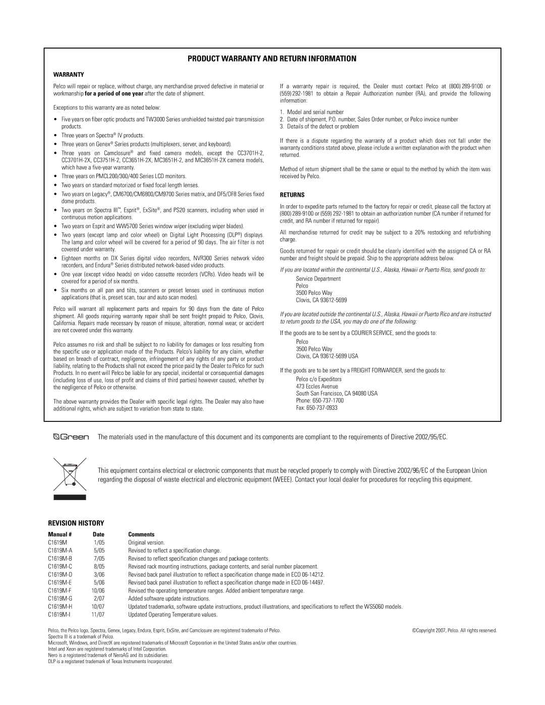 Pelco C1619M-I manual Product Warranty and Return Information 