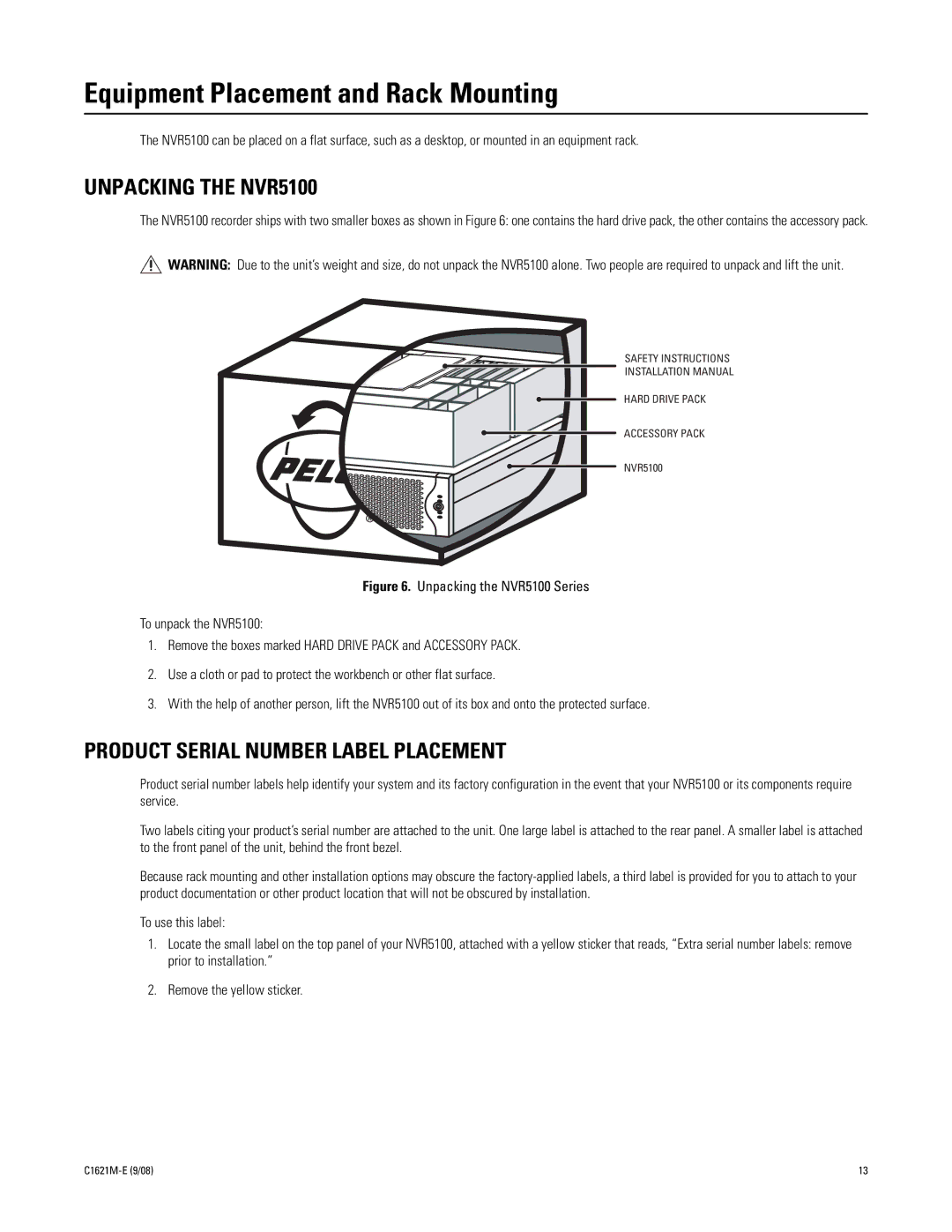 Pelco C1621M-E (9/08) 3 manual Equipment Placement and Rack Mounting, Unpacking the NVR5100 