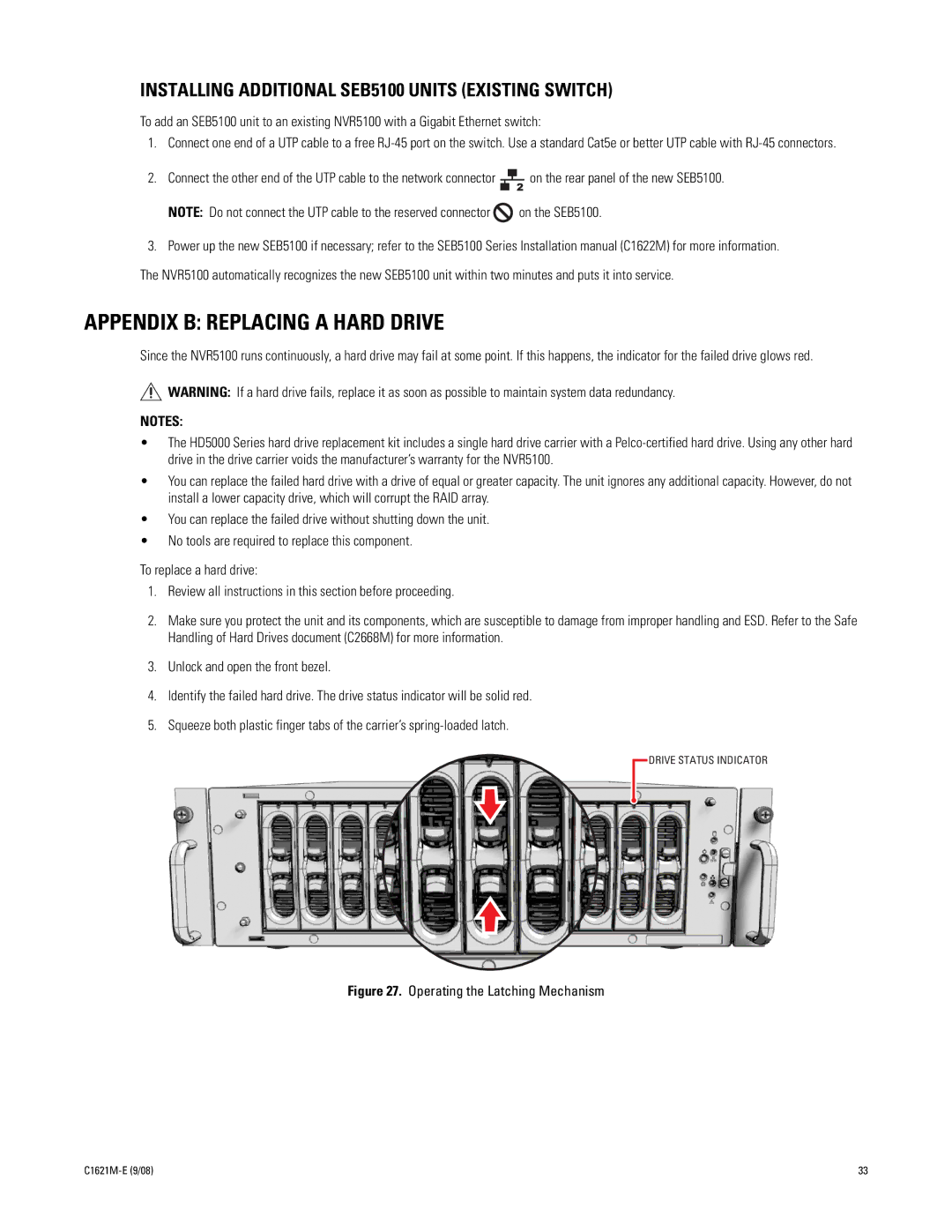 Pelco C1621M-E (9/08) 3 manual Appendix B Replacing a Hard Drive, Installing Additional SEB5100 Units Existing Switch 