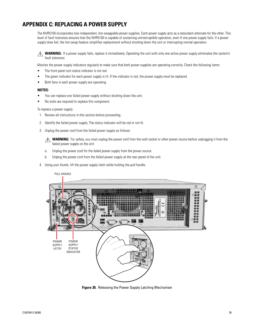 Pelco C1621M-E (9/08) 3 manual Appendix C Replacing a Power Supply, Pull Handle 