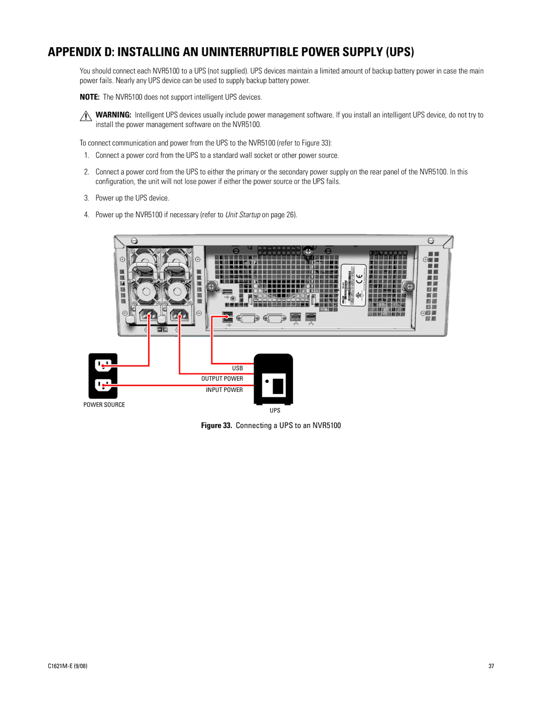 Pelco C1621M-E (9/08) 3 manual Appendix D Installing AN Uninterruptible Power Supply UPS, Connecting a UPS to an NVR5100 