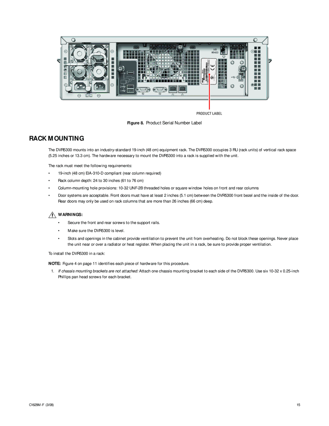 Pelco C1629M-F manual Rack Mounting, To install the DVR5300 in a rack 