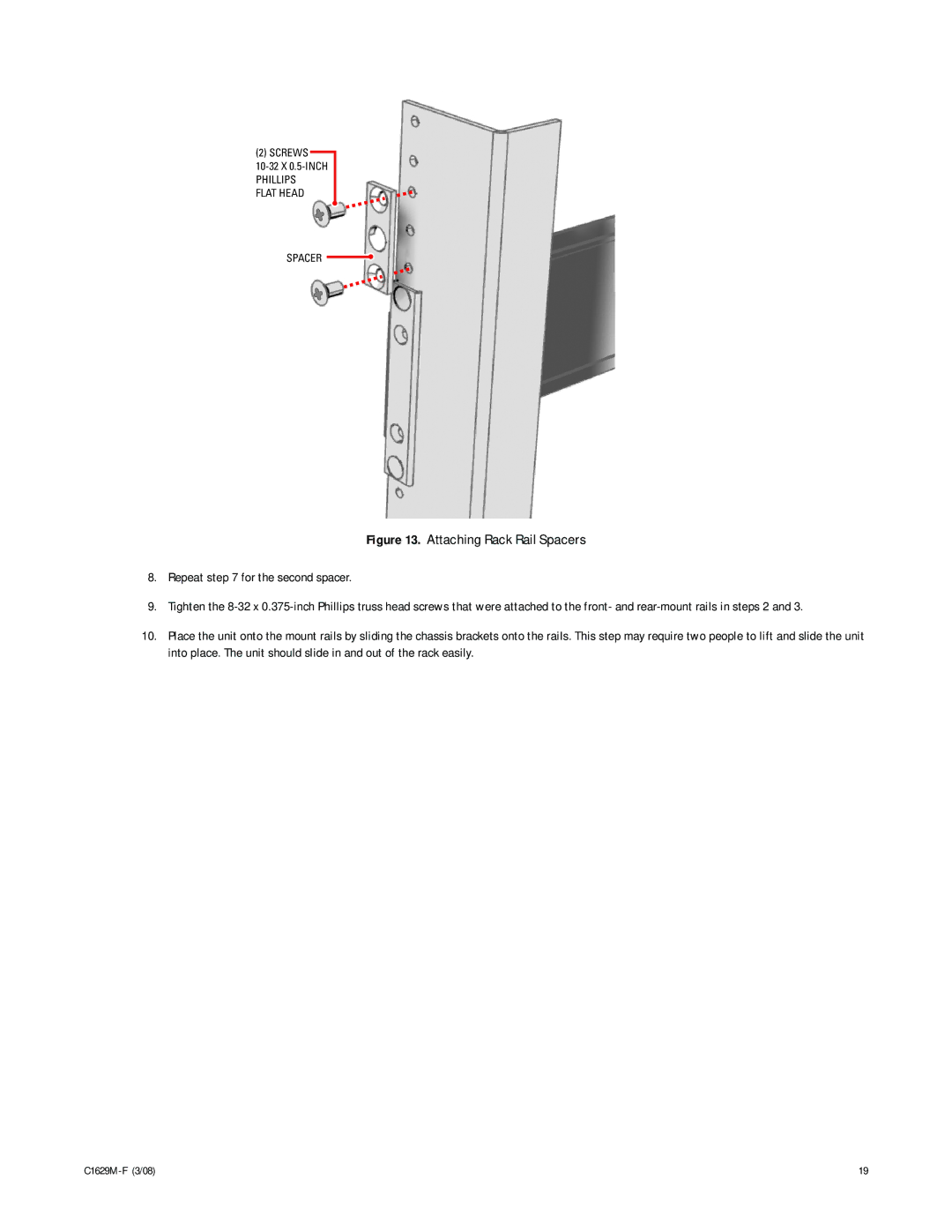 Pelco C1629M-F manual Attaching Rack Rail Spacers Repeat for the second spacer 