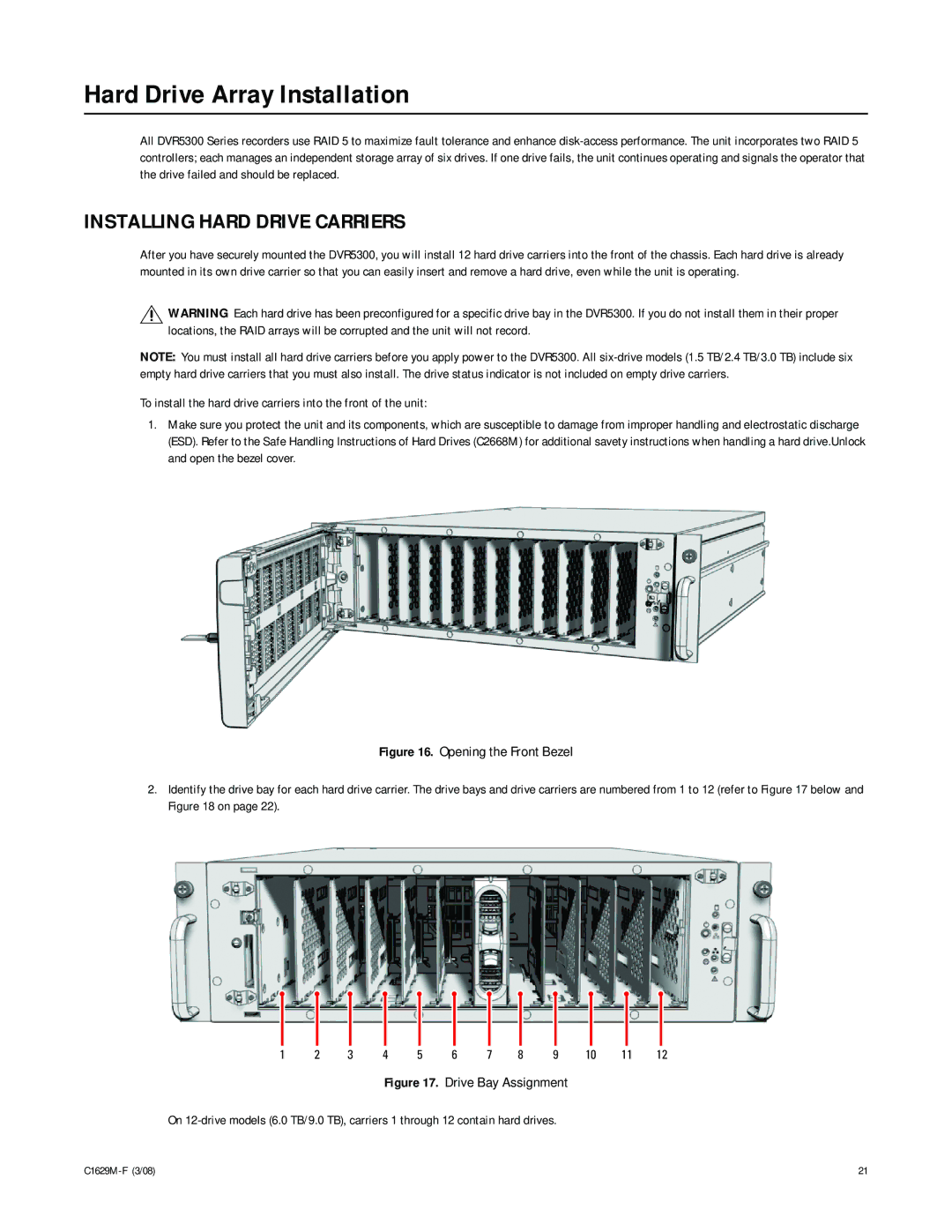 Pelco C1629M-F manual Hard Drive Array Installation, Installing Hard Drive Carriers 