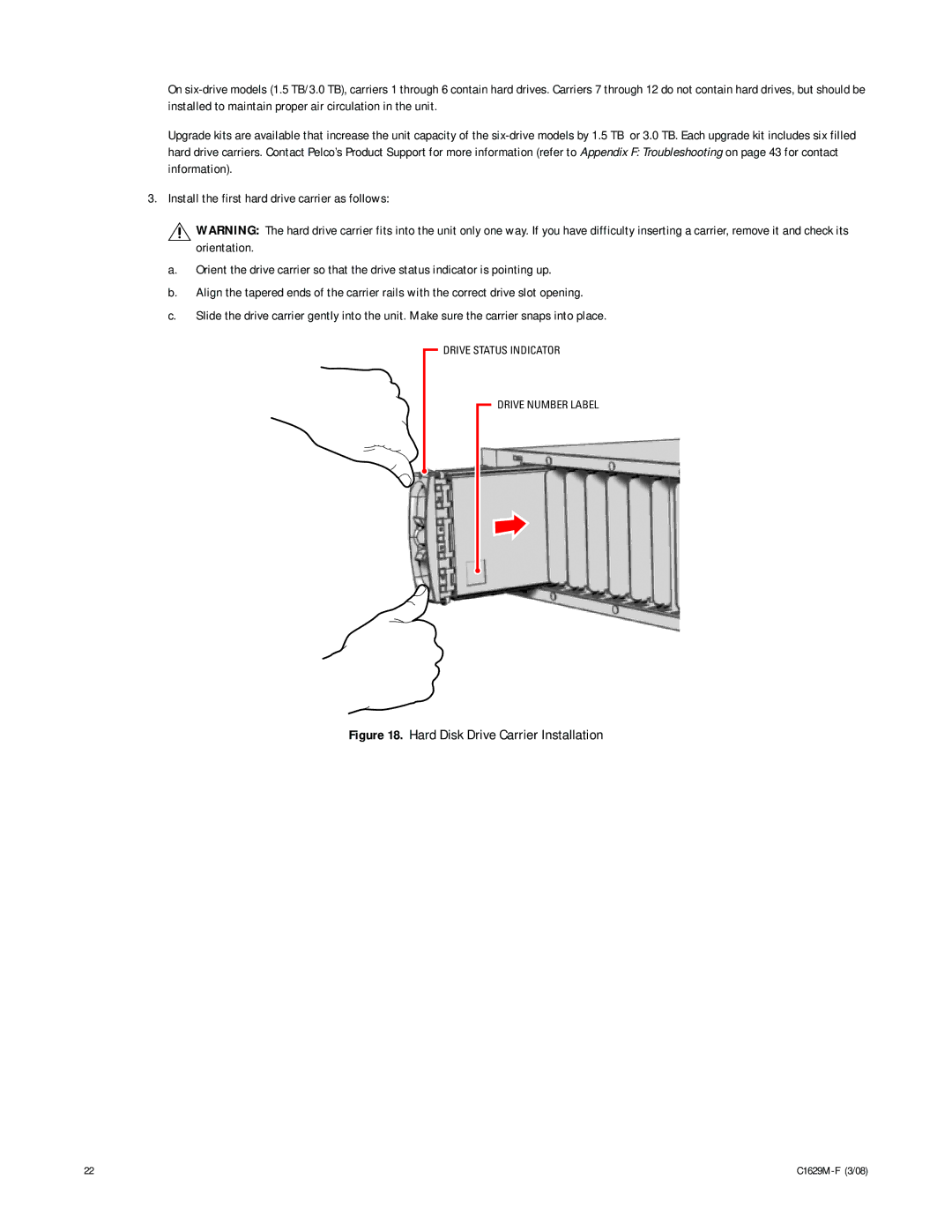 Pelco C1629M-F manual Hard Disk Drive Carrier Installation 
