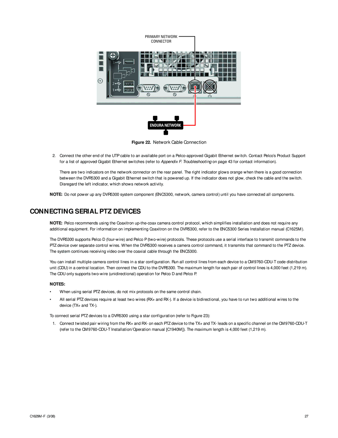 Pelco C1629M-F manual Connecting Serial PTZ Devices, Endura Network 