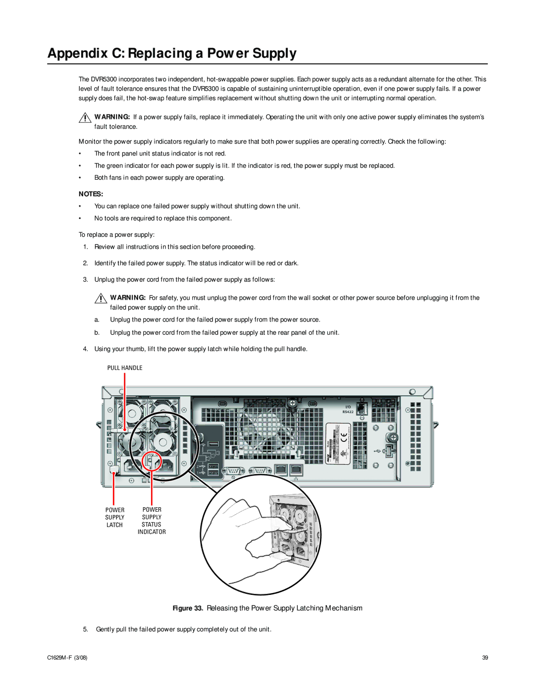 Pelco C1629M-F manual Appendix C Replacing a Power Supply, Pull Handle 