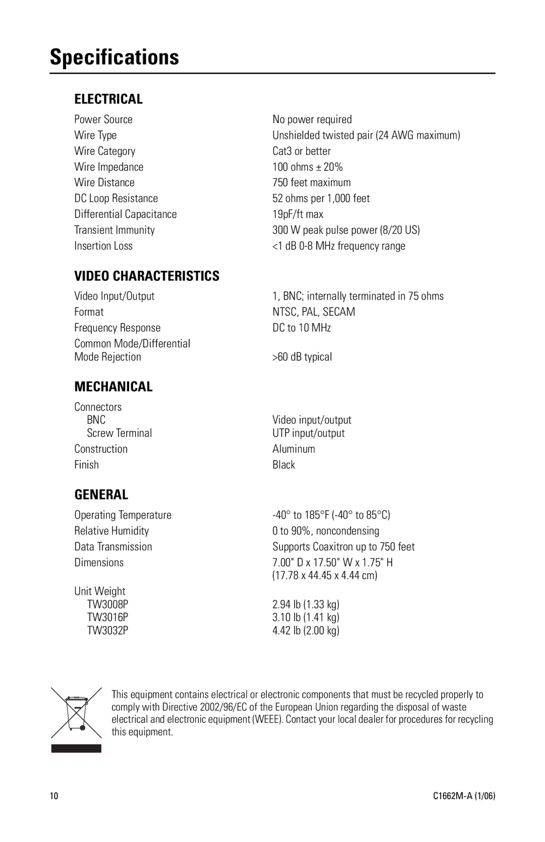 Pelco C1662M-A manual Specifications, Electrical 