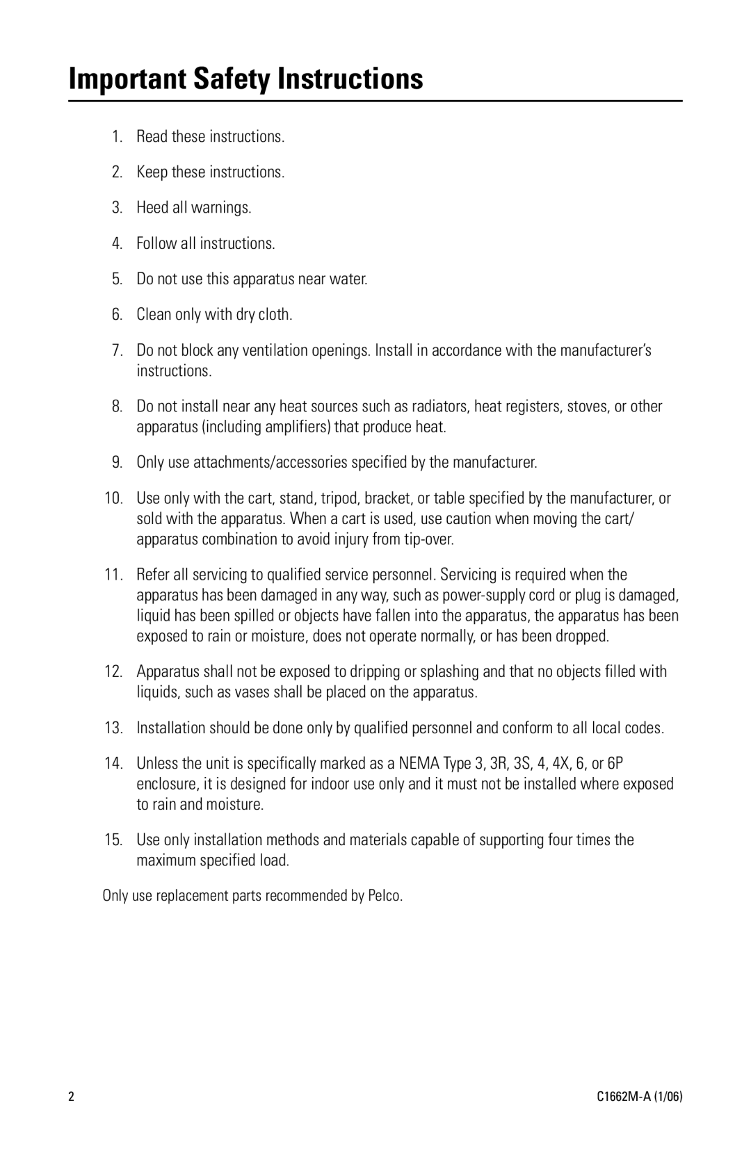 Pelco C1662M-A manual Important Safety Instructions 