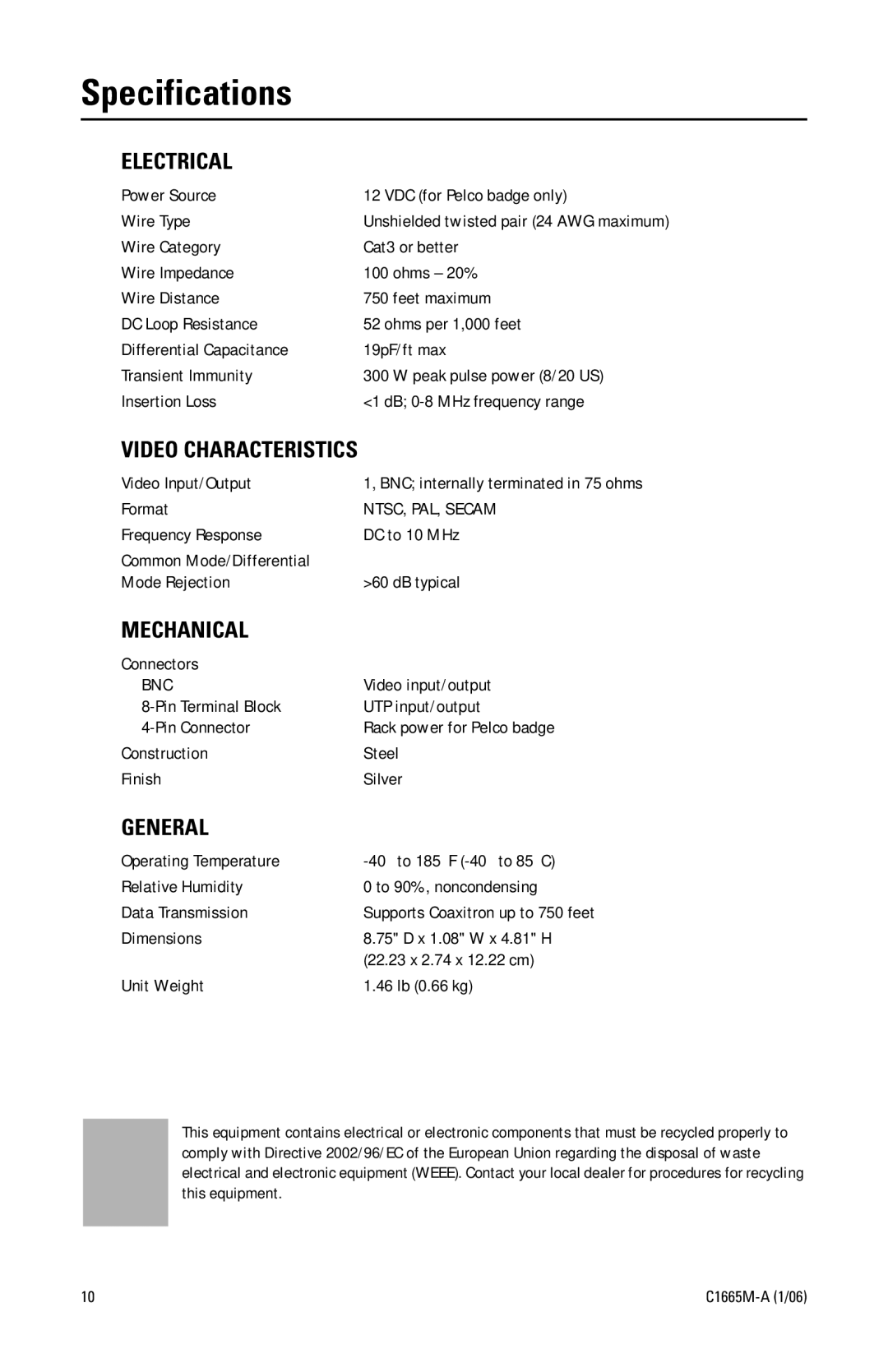 Pelco C1665M-A (1/06) manual Specifications, Electrical 