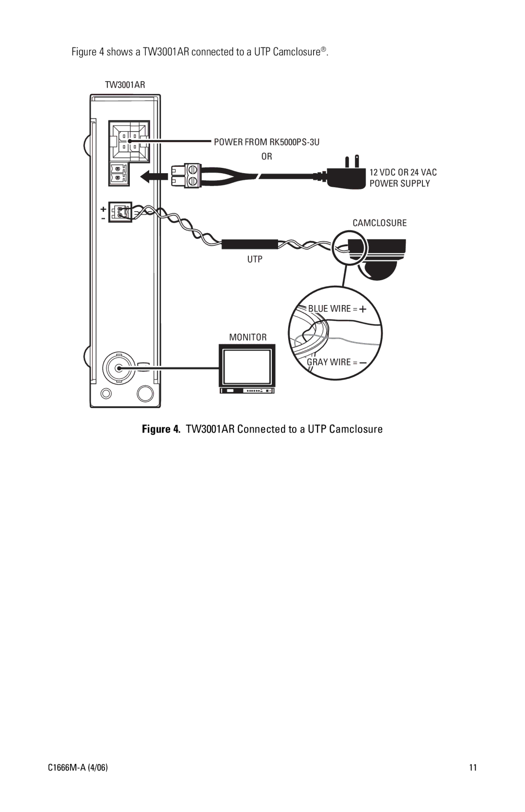 Pelco C1666M-A (4/06) manual Shows a TW3001AR connected to a UTP Camclosure 