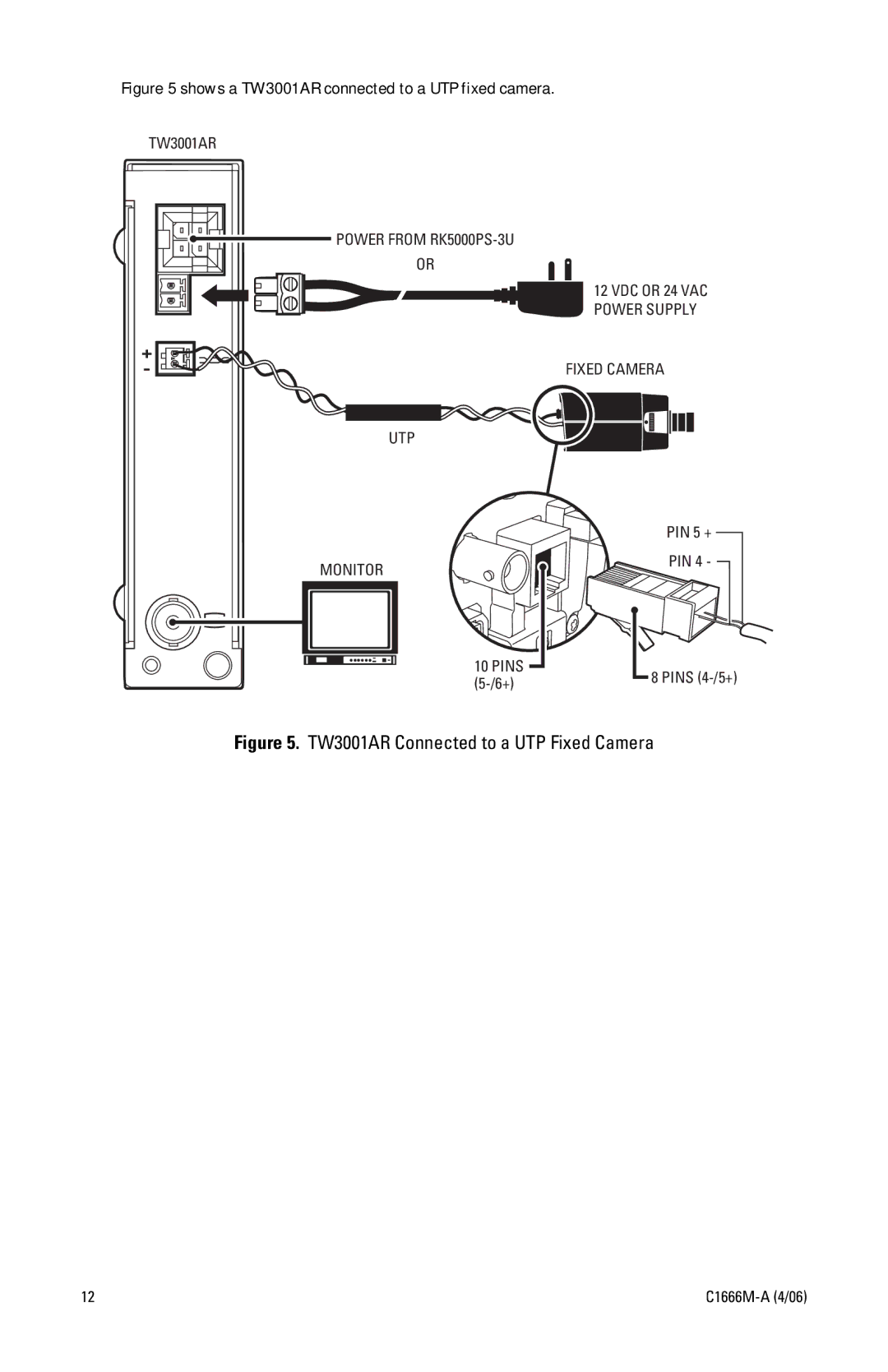 Pelco C1666M-A (4/06) manual Shows a TW3001AR connected to a UTP fixed camera 