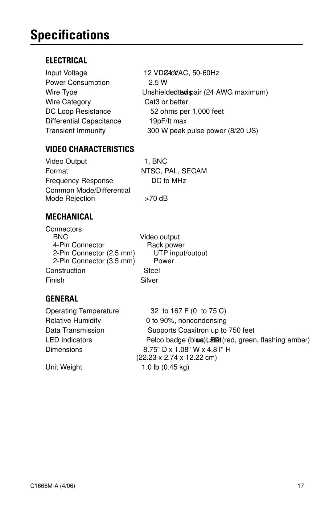 Pelco C1666M-A (4/06) manual Specifications, Electrical 