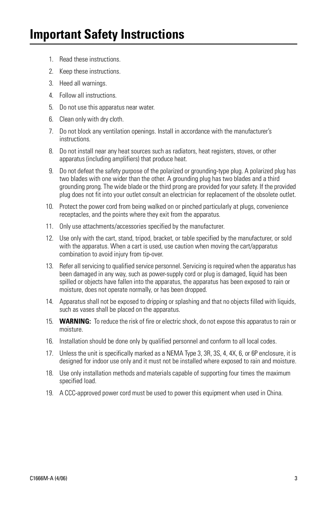 Pelco C1666M-A (4/06) manual Important Safety Instructions 