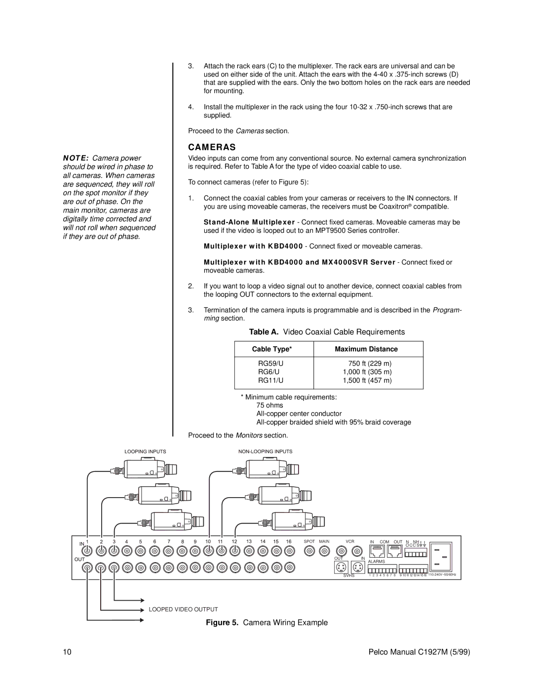 Pelco C1927M operation manual Cameras, Cable Type Maximum Distance, RG6/U 