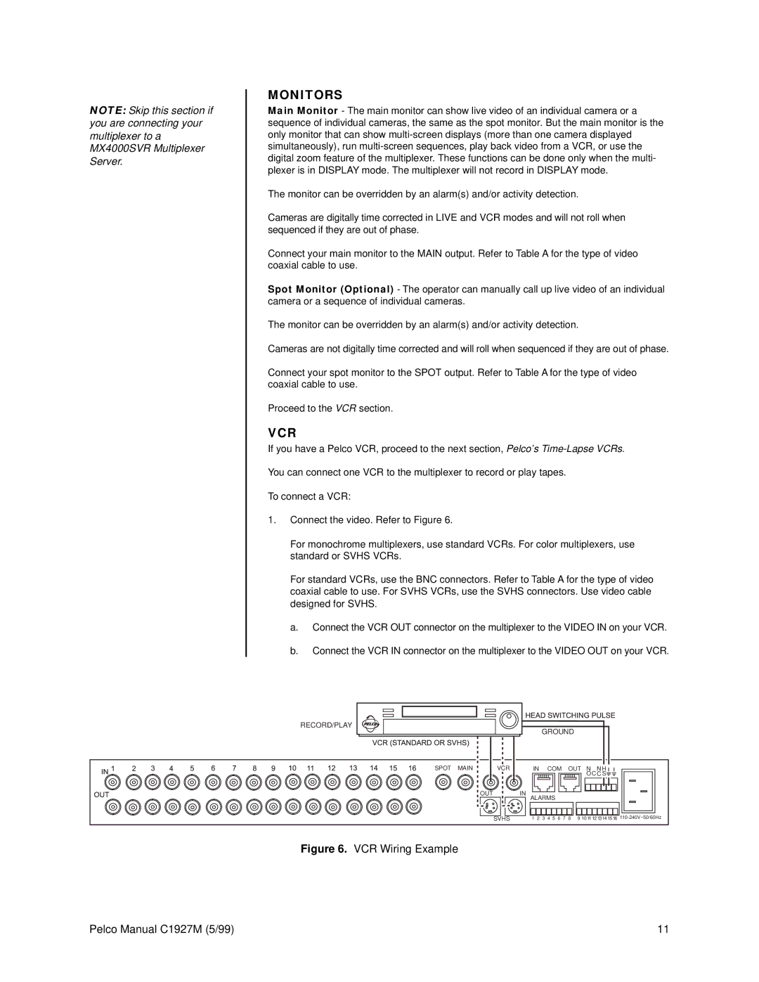 Pelco C1927M operation manual Monitors, Vcr 