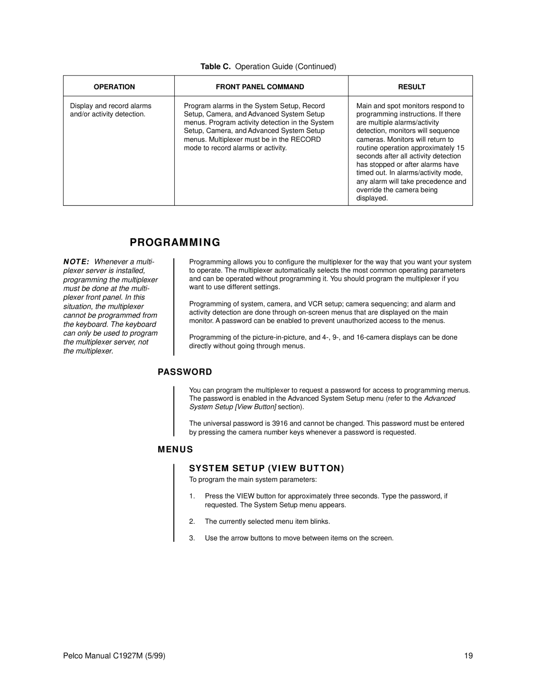 Pelco C1927M operation manual Programming, Password, Menus System Setup View Button 