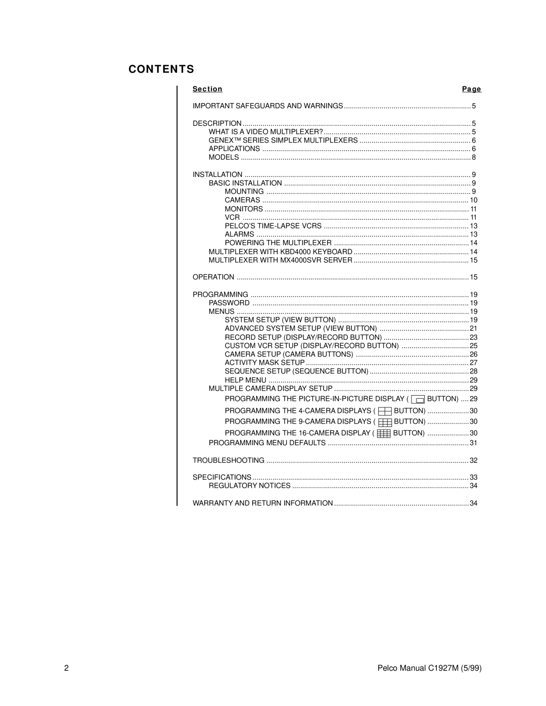 Pelco C1927M operation manual Contents 