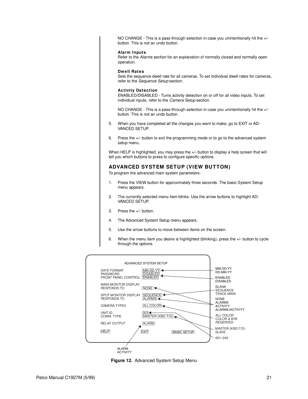 Pelco C1927M Advanced System Setup View Button, Alarm Inputs, Dwell Rates, Activity Detection, Vanced Setup 
