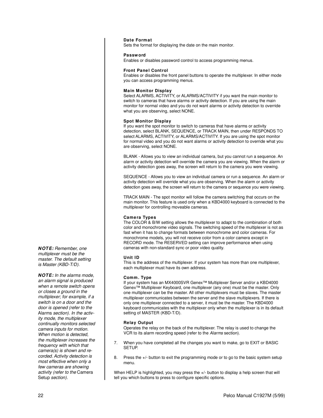 Pelco C1927M Date Format, Password, Front Panel Control, Spot Monitor Display, Camera Types, Unit ID, Comm. Type 