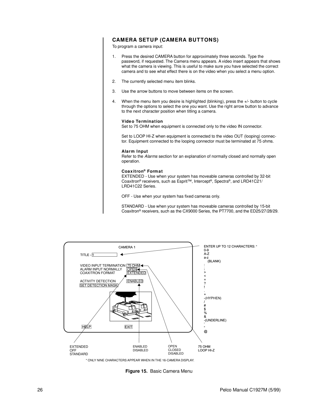 Pelco C1927M operation manual Camera Setup Camera Buttons, Video Termination, Alarm Input, Coaxitron Format 