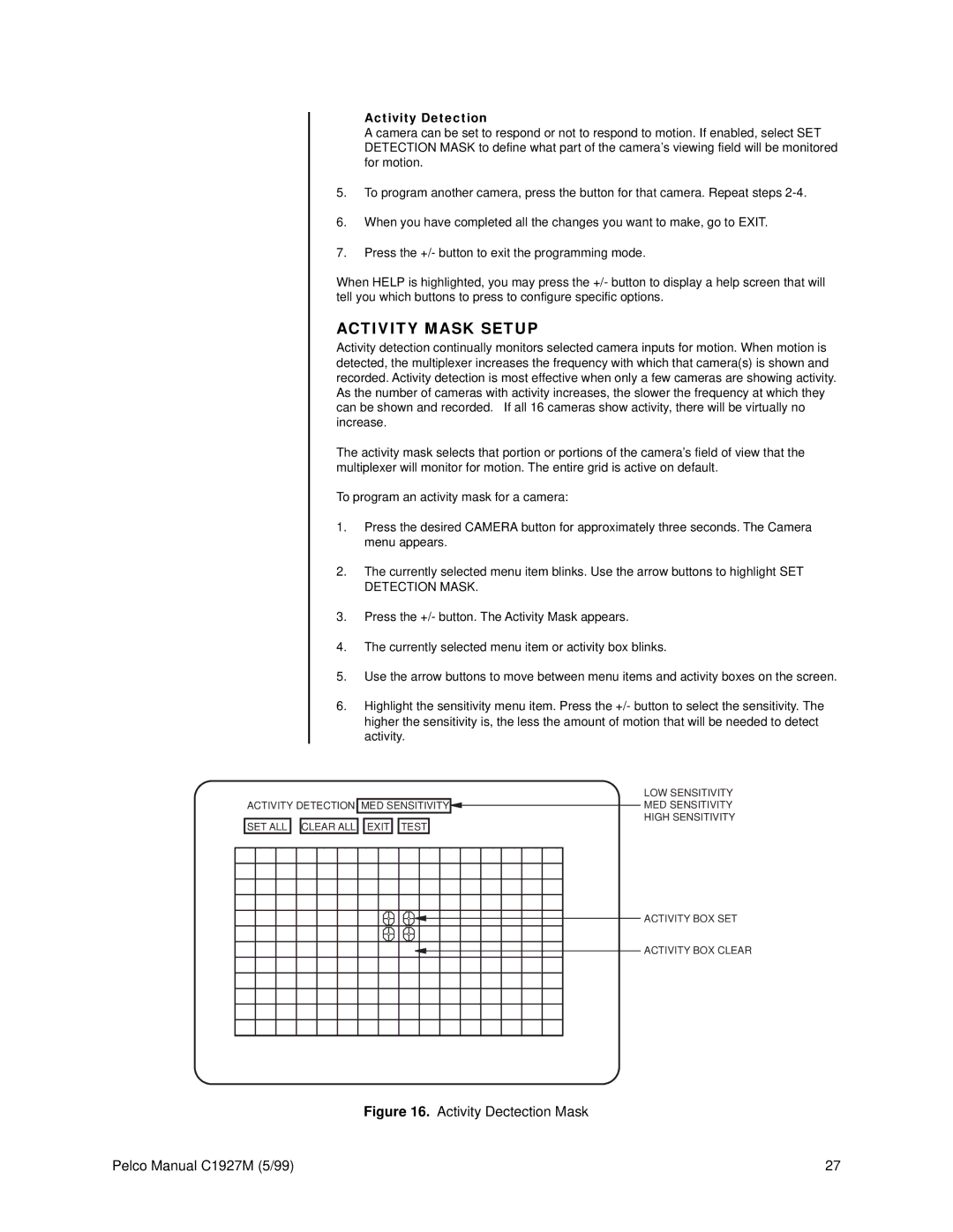 Pelco operation manual Activity Mask Setup, Activity Dectection Mask Pelco Manual C1927M 5/99 