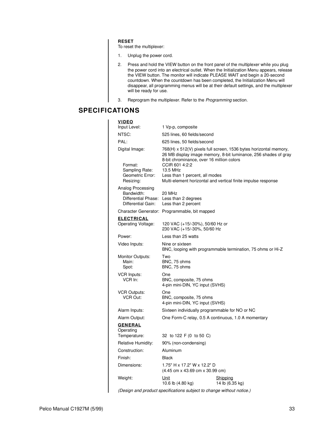 Pelco C1927M operation manual Specifications, Reset, Video, Electrical, General 