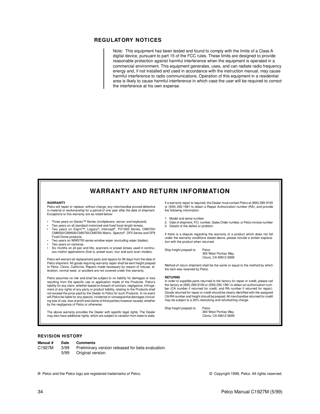 Pelco C1927M operation manual Warranty and Return Information, Regulatory Notices, Revision History 