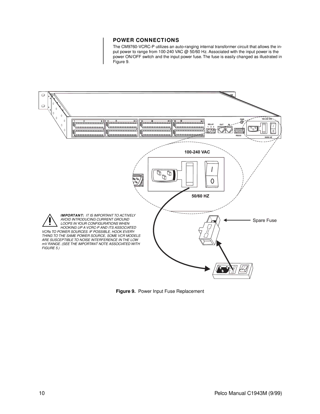 Pelco c1943m operation manual Power Connections, Power Input Fuse Replacement 