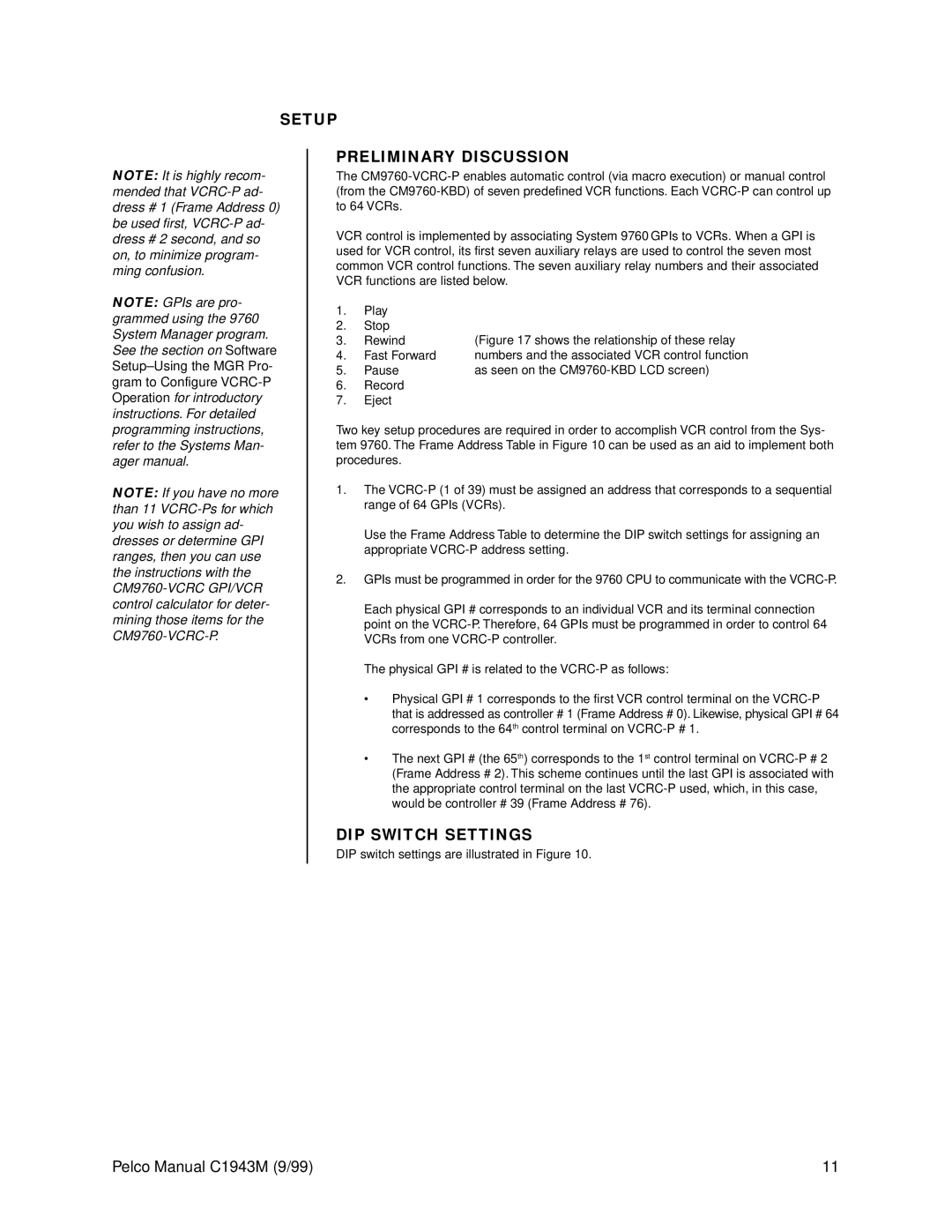 Pelco c1943m operation manual Setup Preliminary Discussion, DIP Switch Settings 