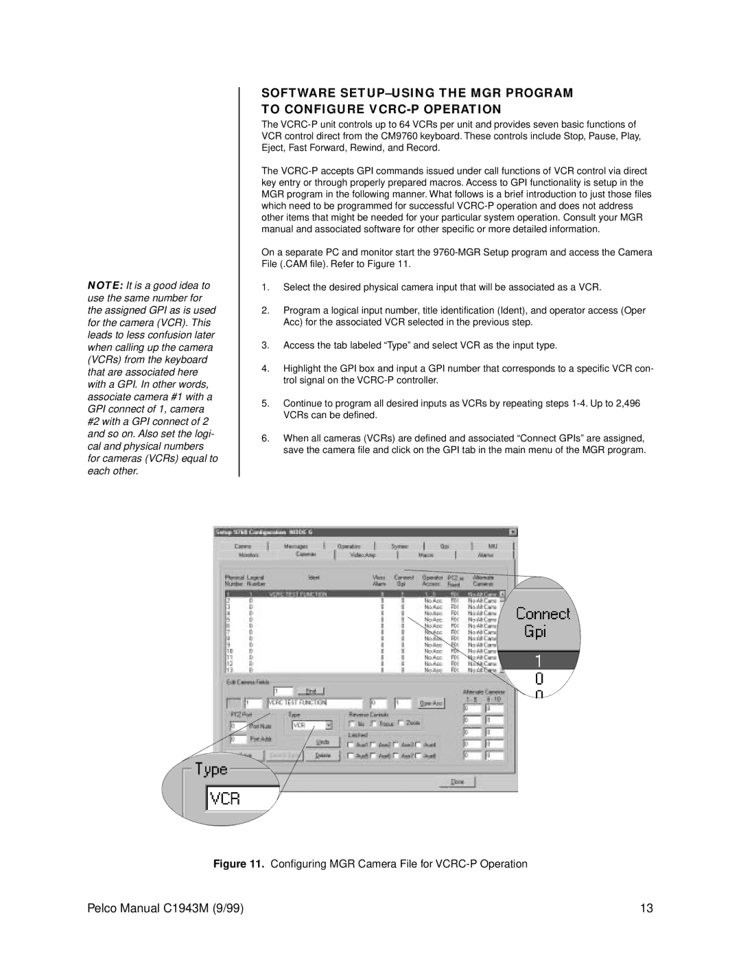 Pelco c1943m operation manual Configuring MGR Camera File for VCRC-P Operation 