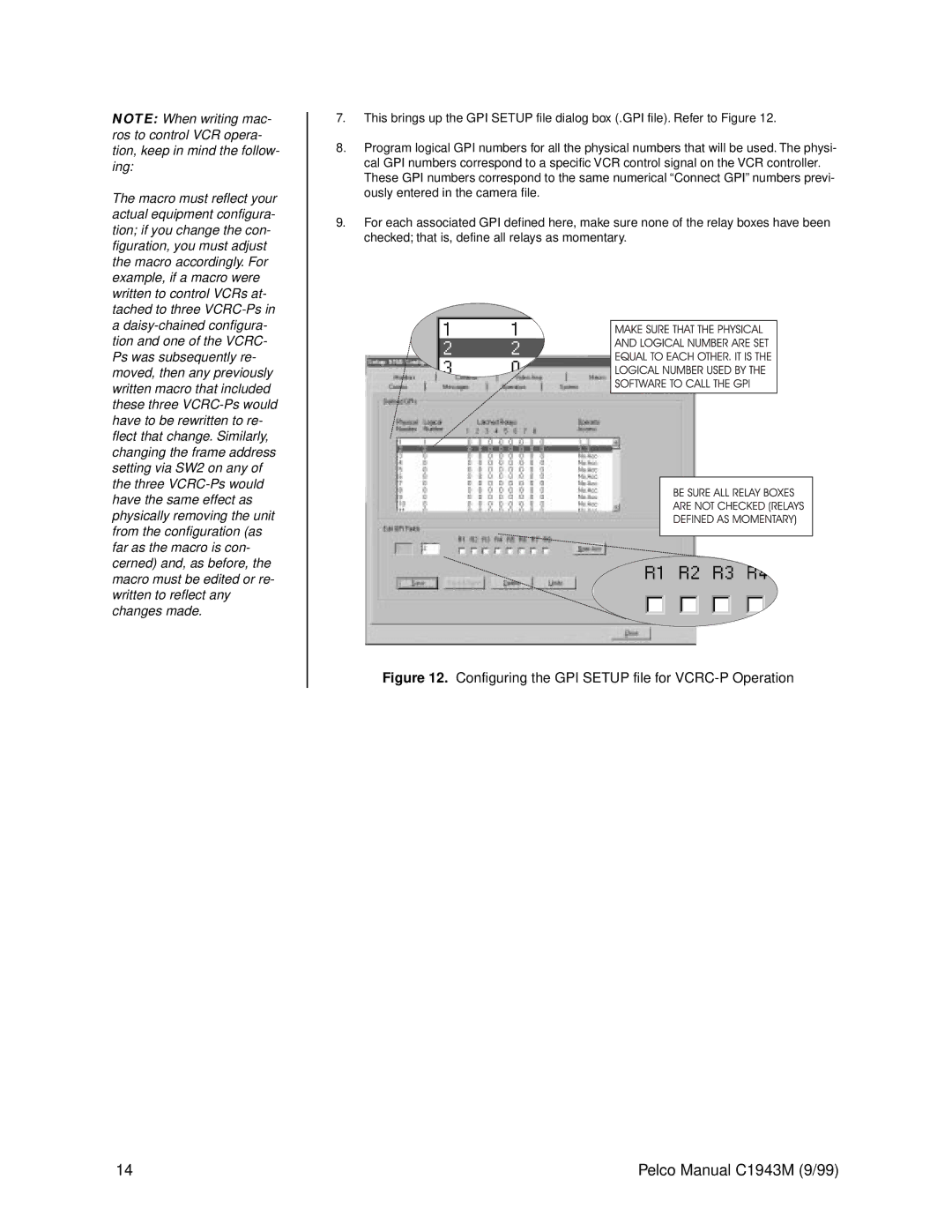 Pelco c1943m operation manual Configuring the GPI Setup file for VCRC-P Operation 