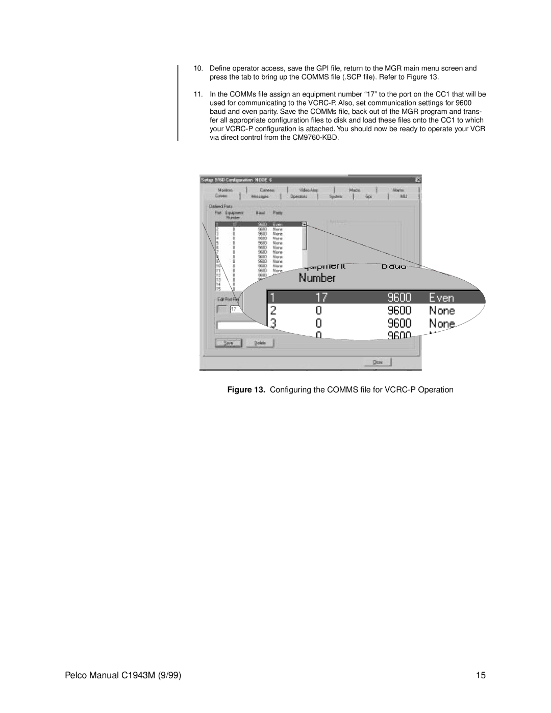 Pelco c1943m operation manual Configuring the Comms file for VCRC-P Operation 