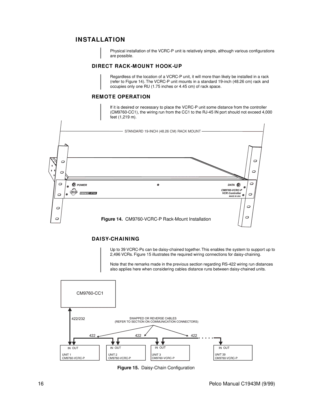 Pelco c1943m operation manual Installation, Direct RACK-MOUNT HOOK-UP, Remote Operation, Daisy-Chaining 