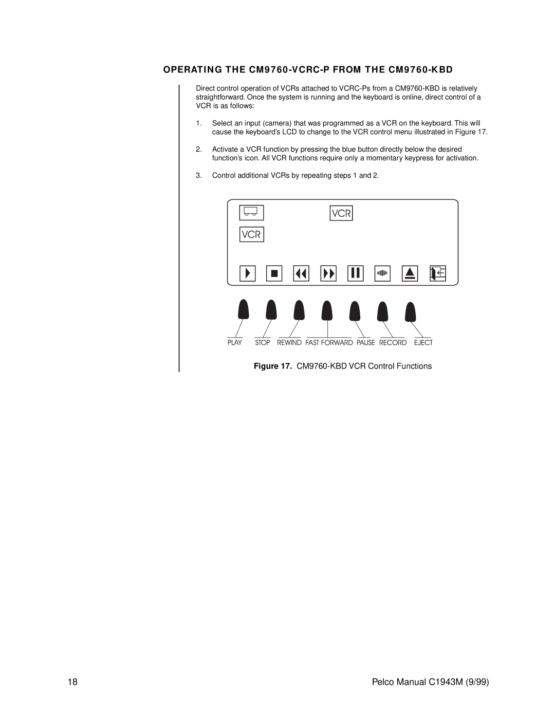 Pelco c1943m operation manual Operating the CM9760-VCRC-P from the CM9760-KBD, CM9760-KBD VCR Control Functions 